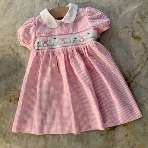 LULI & ME pink white smocked Bunny Rabbits dress Infant Baby Girl 9 Mths Easter